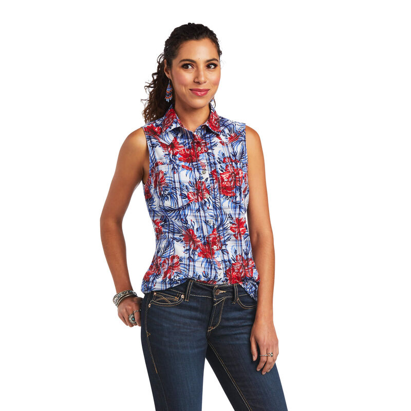 Ariat Hemden Damen - Real Billie Jean Blau/Rot ( OVGMF-8754 )